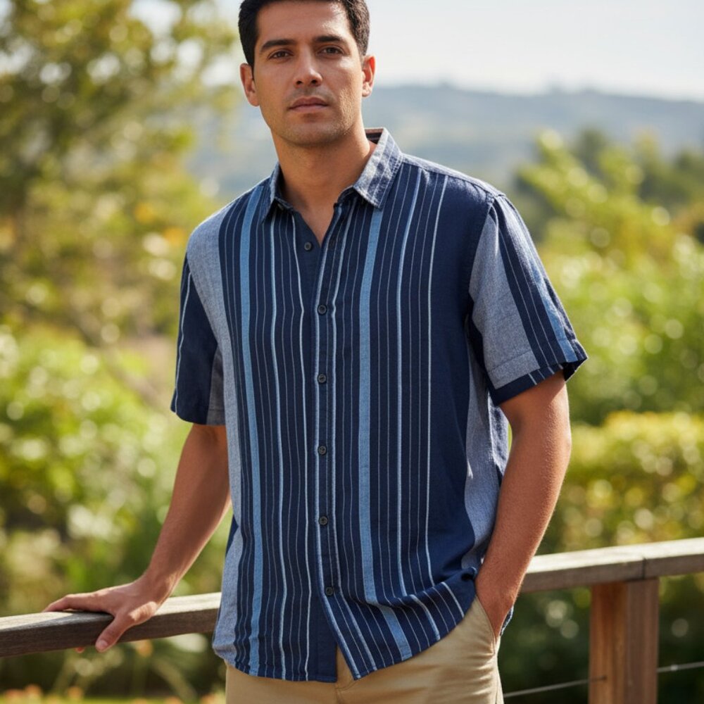 Banana Rebublic Navy Blue Stripe  Button down Short Sleeve Men Shirt
